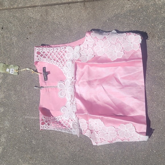 Deco style pink crop tank top w white floral lace overlay medium - Picture 1 of 4